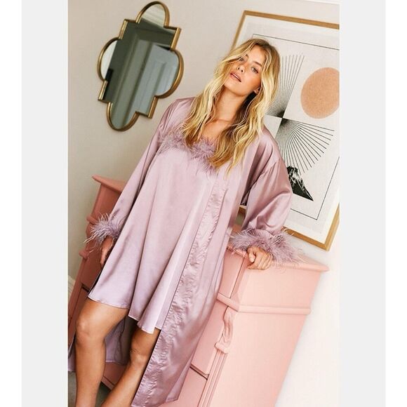 NASTY GAL SATIN Purple Feathers Robe and Slip sz 8 US - Picture 1 of 11